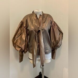 VTG Metallic Plaid Mutton Sleeve Top Button Blouse Bow Fancy Ruffle Baloon Tie